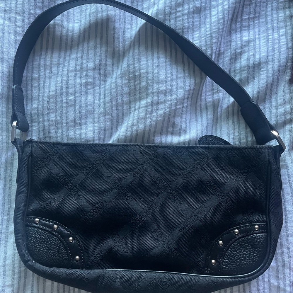 Longchamp baguette black nylon leather silver studs should bag